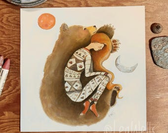 Cozy Bear Giclee Print, Lea Wells Watercolor Art (10x10 inch)