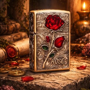 Op de afbeelding: Een goudkleurige aansteker met een reli&euml;f bloemenpatroon en een grote rode roos. Het woord "ROSE" staat op de voorkant. De aansteker staat op een stenen oppervlak met verspreide munten en rozenblaadjes.