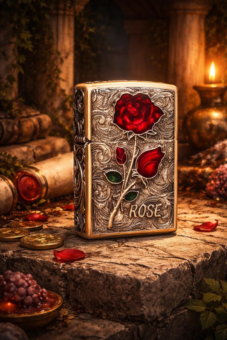 Op de afbeelding: Een goudkleurige aansteker met een reli&euml;f bloemenpatroon en een grote rode roos. Het woord "ROSE" staat op de voorkant. De aansteker staat op een stenen oppervlak met verspreide munten en rozenblaadjes.