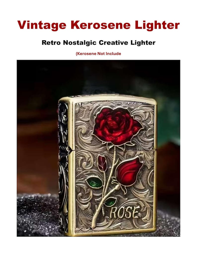 Op de afbeelding: Vintage petroleumluchter met een rozenontwerp. De aansteker heeft een gouden en zilveren afwerking met een rode roos en groene bladeren. De tekst "Vintage Kerosene Lighter" en "Retro Nostalgic Creative Lighter" zijn zichtbaar.