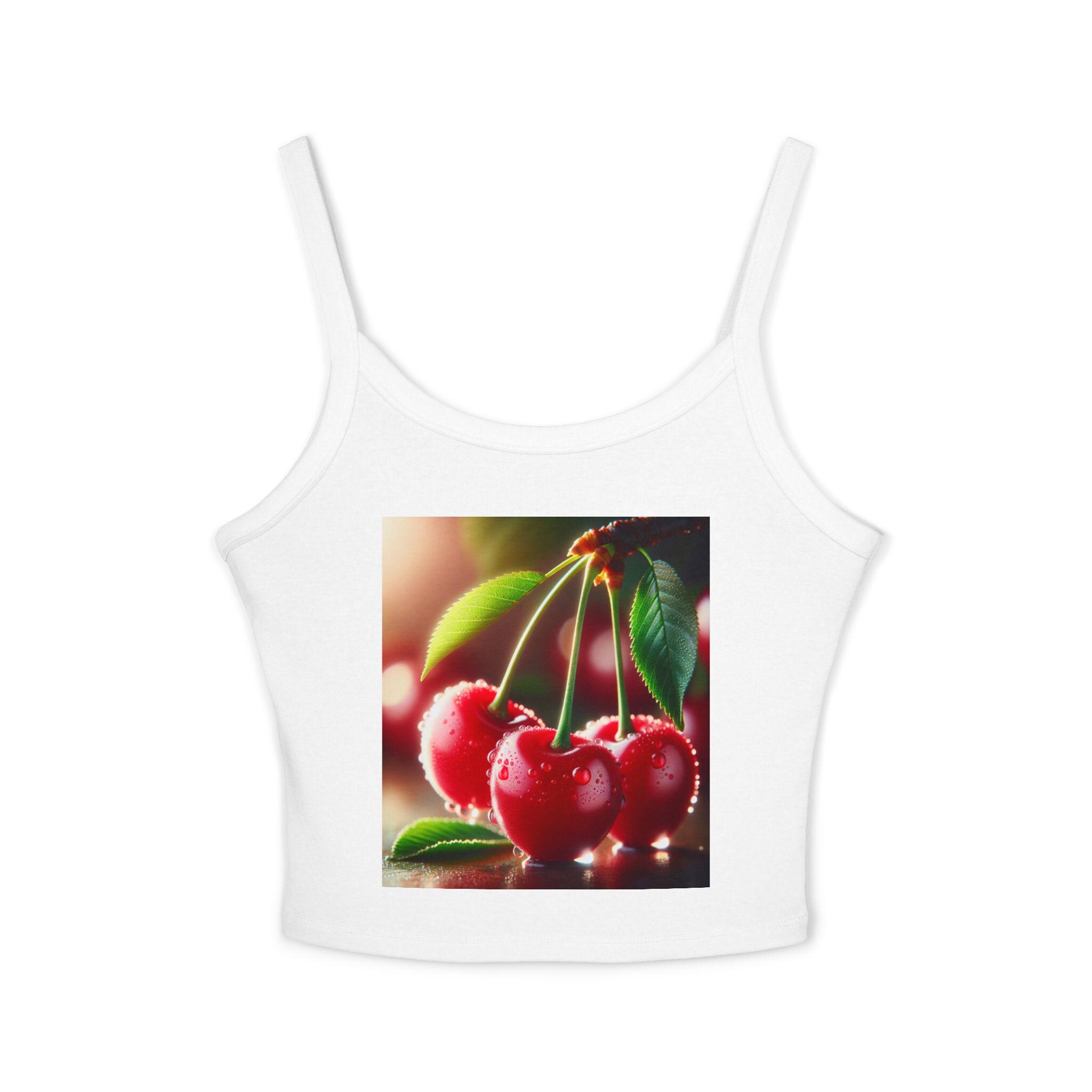 ♡Cherry Pattern Strap Top♡ MakeMeChic Women's Cherry Print Lace Sheer Cami V Neck Spaghetti