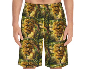 Tropical Banana Print Board Shorts: Men's Summer Beach Swim Trunks