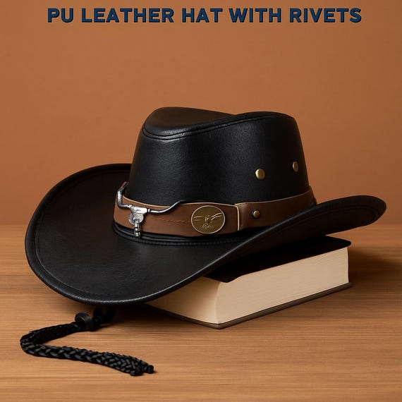 Chapeau Cowboy Cuir Noir - Qualité Haute - Western Outback - Festival Rodéo