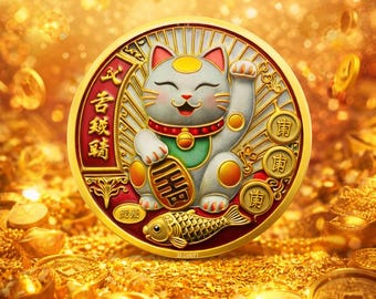 Glückskatze Goldmünze - Maneki Neko Wohlstandsanhänger (3D-Wealth Token)