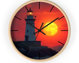 May include: Round wall clock with a light wood frame. The clock face features a lighthouse scene with a bright yellow sun against a red sky. Black clock hands and hour markers complete the design.