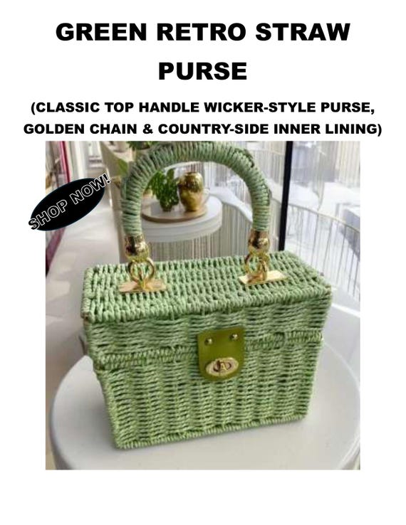 Vintage Woven Straw Bag: Green Floral Lining, Gold Accents