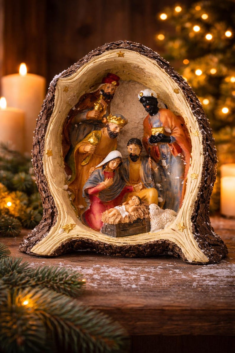 Rare Vintage Holy Family Nativity Creche W/ Three Wise Men, Handmade ...