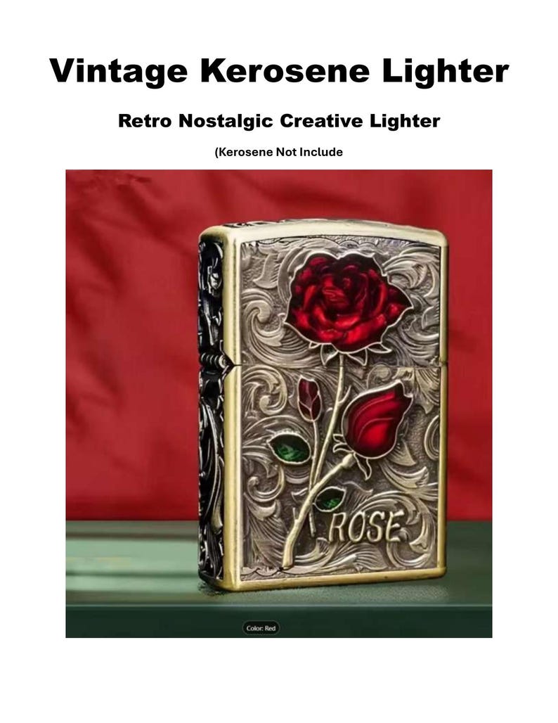 Op de afbeelding: Vintage petroleumluchter met een decoratief rozenontwerp. De aansteker heeft een metallic afwerking met een reli&euml;f bloemenpatroon. De roos is rood met groene bladeren en het woord "ROSE" staat eronder. De tekst "Vintage Kerosene Lighter" staat bovenaan.