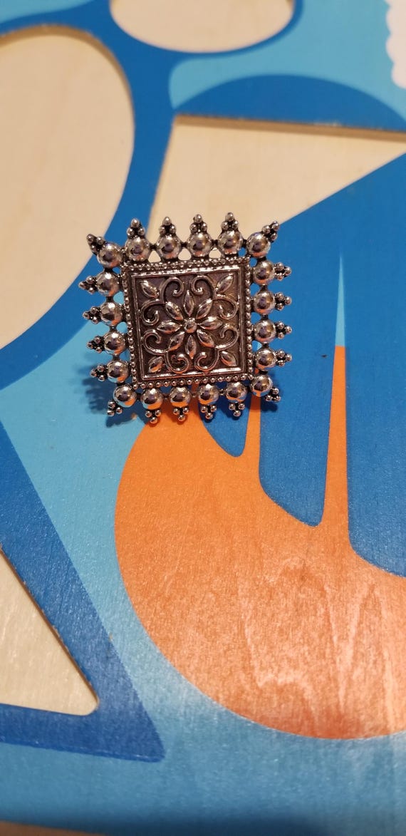 Renaissance-Style Silver Adjustable Ring – Square… - image 4
