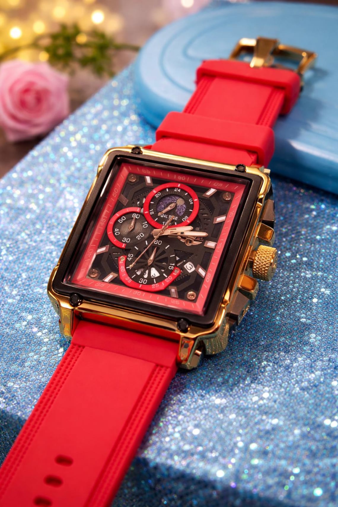 Men’s Red Rubber Band Watch – Square Face With Three-dial Center & Gold ...
