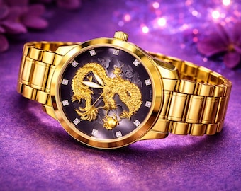 Black and Gold Dragon Watch | Collector Wristwatch| Dragon Timepiece