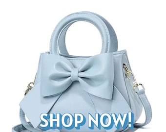 LAST BLUE ONE - Vintage Star Chic Bow Purse – 10&quot;x4&quot;x9&quot; Handbag | Pastel Blue, White, Black - Cute Girly Gift | Mini Tote | Elegant Bag