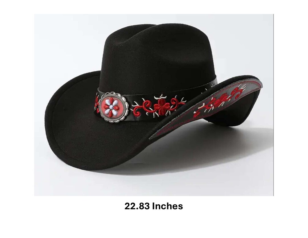 Black Embroidered Cowboy Fedora: Beaded Floral Western Hat  display picture 1