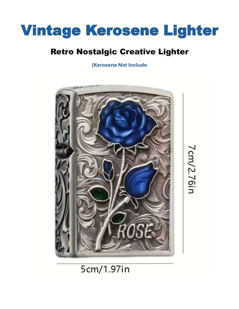 Op de afbeelding: Vintage petroleumluchter met een blauw rozenontwerp. De aansteker is 5 cm breed en 7 cm hoog. Het woord "ROSE" staat op de aansteker. De tekst boven de aansteker luidt "Vintage Kerosene Lighter" en "Retro Nostalgic Creative Lighter".