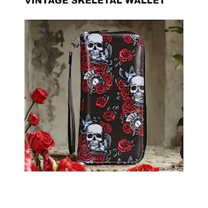 Monedero y cartera de piel con cremallera y rosas rojas góticas. Correa de muñeca con diseño floral oscuro. Regalo gótico para ella, emo, alternativo y punk.