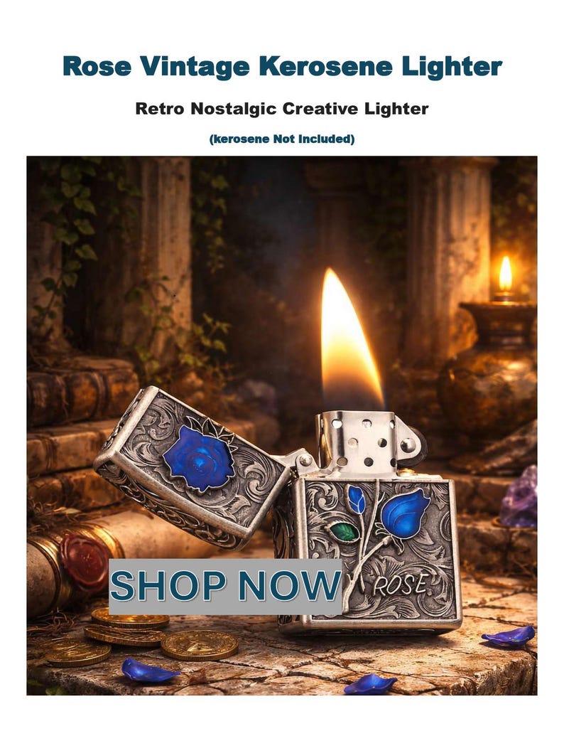 Op de afbeelding: Een vintage kerosineaansteker met een blauw rozenontwerp en het woord "ROSE" gegraveerd. De aansteker is open, met een vlam. De tekst "SHOP NOW" is ook zichtbaar.