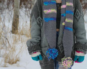 Knit Chunky Stripped Scarf, Winter Pompom Scarf