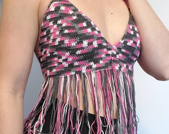 Fringe Tie Dye Style Top, Crochet Summer Bralette, Crochet Festival Crop Top