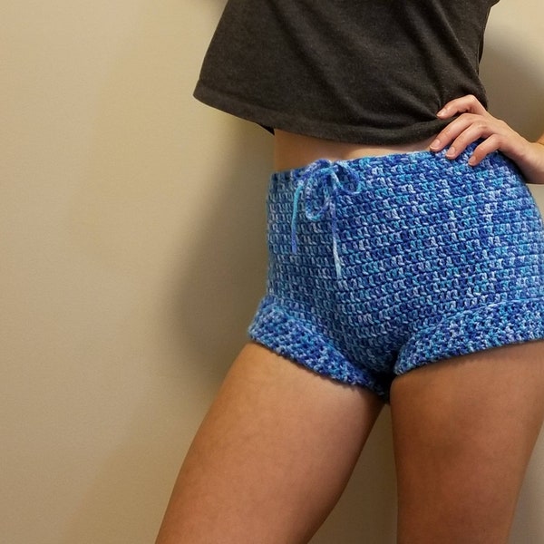 Crochet Highwaisted Shorts, Handmade Blue Speckled Shorts