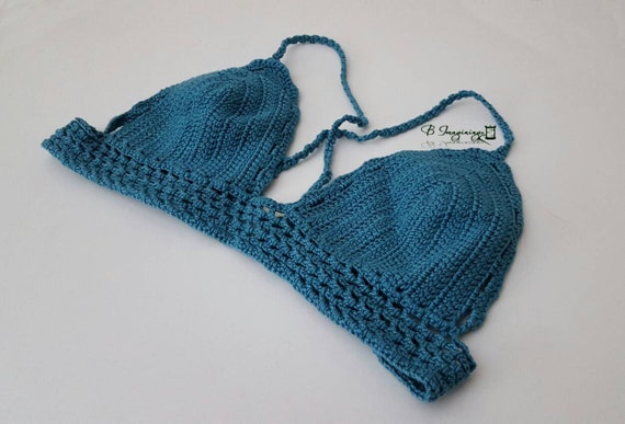 Blue Wide Band Bikini Top, Crochet Corset Laced Crop Top
