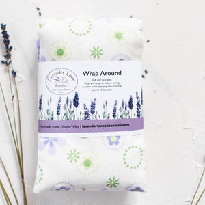Mikrovågshalsbandage, Lavendel, Vit med gröna cirklar, Handgjord i Kanada, Huvudvärkslindring, Avslappning, Tvättbar