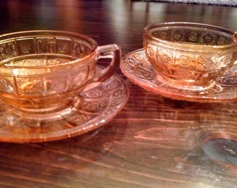 Doric Pink Pansy -2- Depression Glass Childrens Cups and Saucers