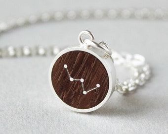 Custom Constellation Necklace, Silver & Wood Celestial Pendant, Cassiopeia Stars Jewelry, Birthday Gift for Her, Minimalist Necklace