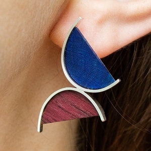 5th Anniversary Gift for Her, Colorful Wood Silver Stud Earrings Abstract Minimalist Earrings, Unique Wooden Jewelry Gift Statement Earrings