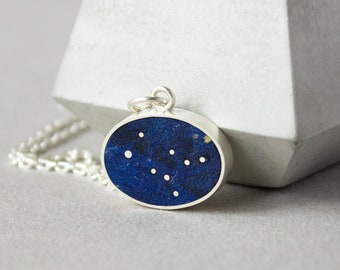 Personalized zodiac necklace, Silver Gemini constellation necklace on blue oval wood pendant, Stars necklace for birthday gift for her