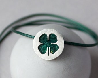 Green wood and sterling silver clover pendant necklace, Unusual wooden gift for wife for 5 year anniversary, Wood anniversary gift for her