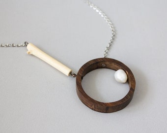 Geometric minimalist pearl necklace, Long circle wood necklace, Contemporary jewelry, Unique wooden gift for her
