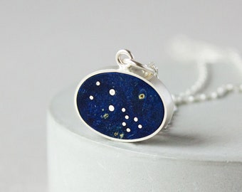 Personalized zodiac necklace, Taurus constellation necklace on blue oval wood pendant, Galaxy necklace, Custom birthday gift for her