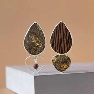 Wood and silver mismatched statement earrings, Unique wooden earrings for 5 year anniversary gift for her, Wood anniversary gift for wife image 1