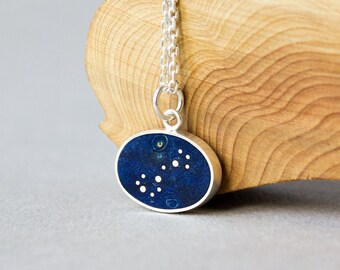 Personalized zodiac necklace, Scorpio silver constellation necklace on blue oval wood pendant, Stars necklace for birthday gift for her