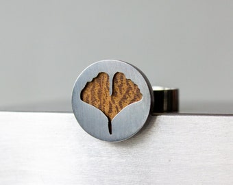 Wood and oxidized silver Ginkgo ring, Unique wooden gift for her for 5th anniversary, Wood anniversary gift for wife Nature inspired jewelry