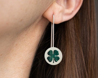 Four leaf clover earrings in silver and wood, Long dangle nature earrings, Minimalist green leaves earrings, Unique gift for her