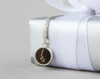 5 year anniversary gift for her, Wood and silver personalized constellation pendant necklace, Unique jewelry gift for a wood anniversary