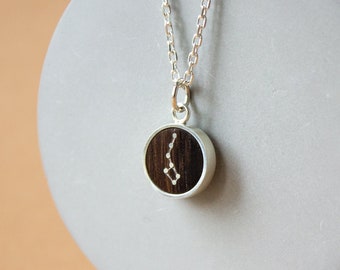 Little Dipper constellation necklace, Sterling silver and wood pendant, Minimalist celestial charm necklace, Unique gift for her