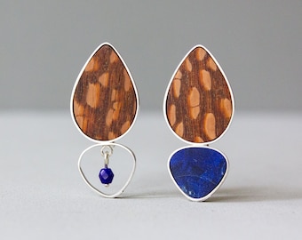 Colorful mismatched statement earrings, Asymmetrical contemporary earrings in wood and sterling silver, Unique wooden earrings