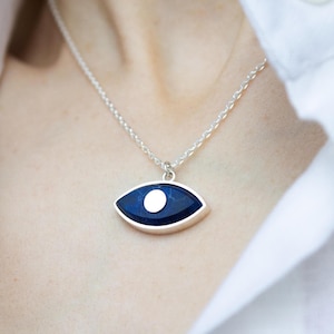 Sun Moon Necklace, Celestial Jewelry with Evil Eye Symbol, Handmade Silver and Wood Pendant, Protection Amulet Gift for Her