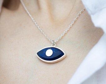 Sun Moon Necklace, Celestial Jewelry with Evil Eye Symbol, Handmade Silver and Wood Pendant, Protection Amulet Gift for Her