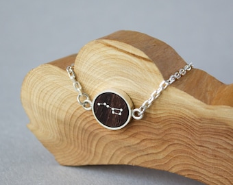 5 year anniversary gift, Wood and silver personalized constellation bracelet, Unique jewelry gift for a wood anniversary, Big Dipper jewelry