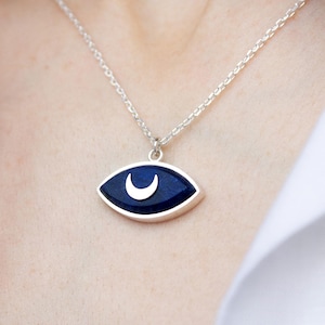 Wooden Eye Necklace, Handmade Crescent Moon Pendant, Silver and Wood Jewelry, Unique Wood Gift for Her, Evil Eye Protection Amulet