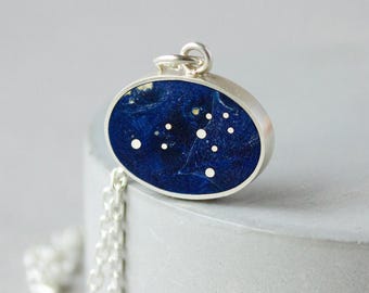 Zodiac Constellation Necklace, Handmade Celestial Pendant, Blue Wood and Silver Jewelry, Unique Birthday Gift for Her, Astrology Gift Idea