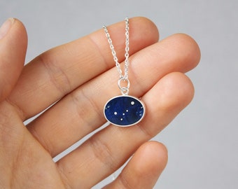 Personalized zodiac necklace, Cancer constellation necklace, Celestial jewelry in silver, Blue charm necklace for women, Stars necklace