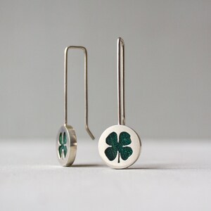 Green four leaf clover earrings, Long dangle sterling silver earrings, Unique mothers day jewelry gift, Minimalist nature earrings image 1