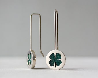 Four leaf Clover earrings in sterling silver and wood, Nature inspired statement long dangle earrings, Green spring earrings gift for her