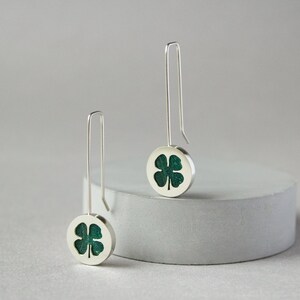 Green four leaf clover earrings, Long dangle sterling silver earrings, Unique mothers day jewelry gift, Minimalist nature earrings image 5