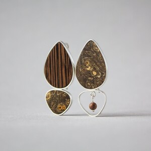 Wood and silver mismatched statement earrings, Unique wooden earrings for 5 year anniversary gift for her, Wood anniversary gift for wife image 3