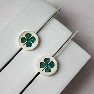 Green four leaf clover earrings, Long dangle sterling silver earrings, Unique mothers day jewelry gift, Minimalist nature earrings image 9